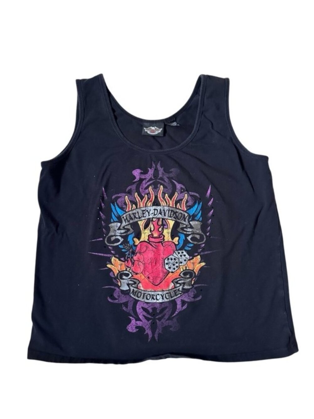Harley Davidson | Black and Red Flame Heart Y2K Bling Tank | Size Extra Large